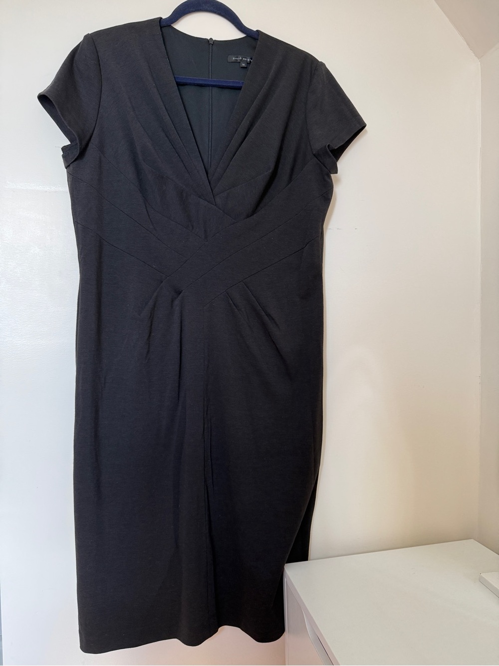 David Meister Black V-Neck Midi Sheath Dress